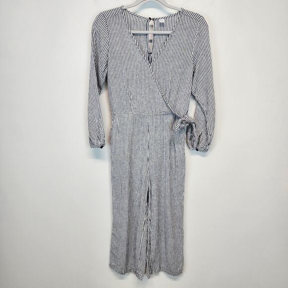 Old Navy Striped Wide Leg Crop Jumpsuit Size S Linen Blend Long Sleeve Tie Waist - Picture 3 of 15
